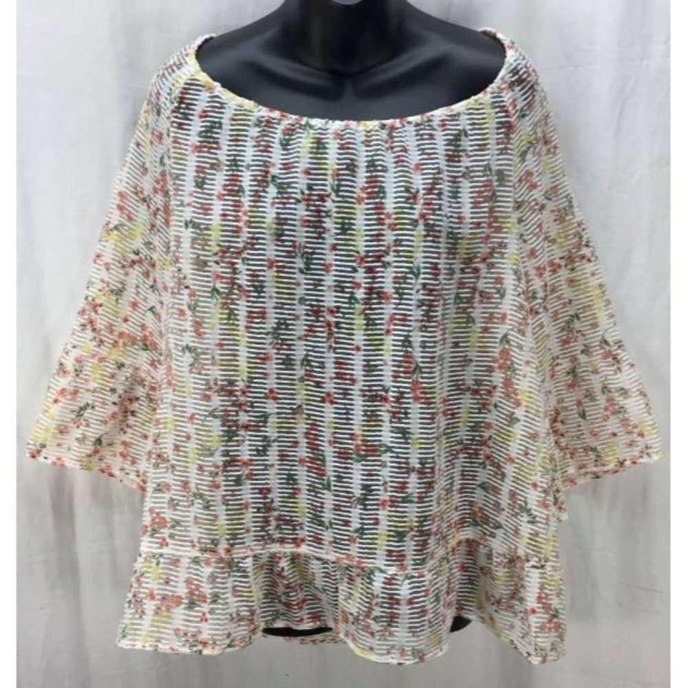 Style & Company Top Large White Floral Tunic Sheer Scoop Neck 3/4 Sleve New 1237